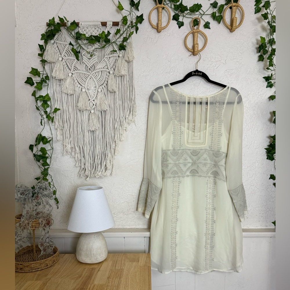 Sundance 100% Silk Beaded & Embroidered Midi Dress Size 10 With Slip Coastal